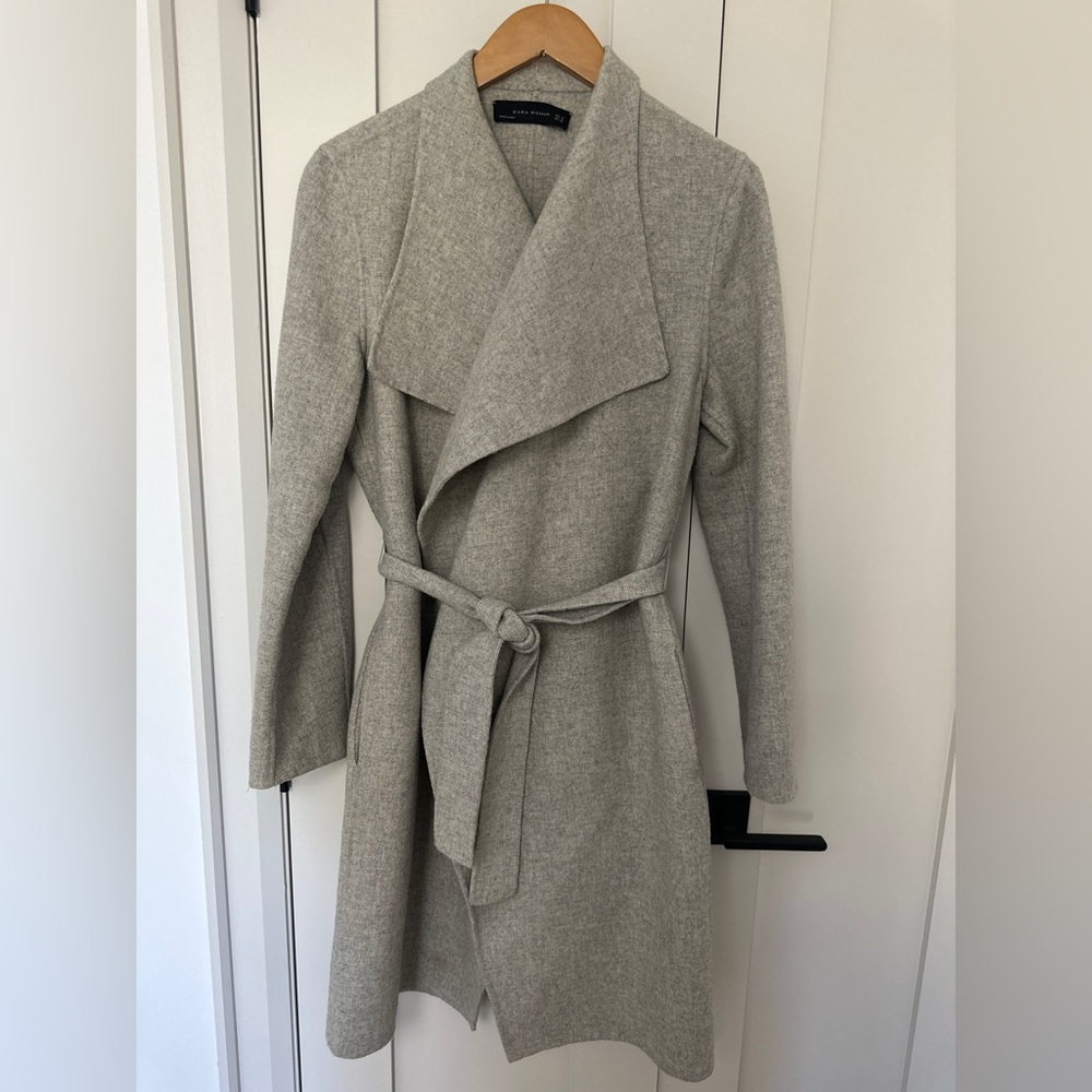 Zara Woman Light Gray Wrap Coat with Belt